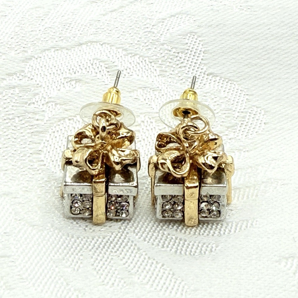 Vintage 3D Sparkling Rhinestone Package Christmas Present Pierced Earrings